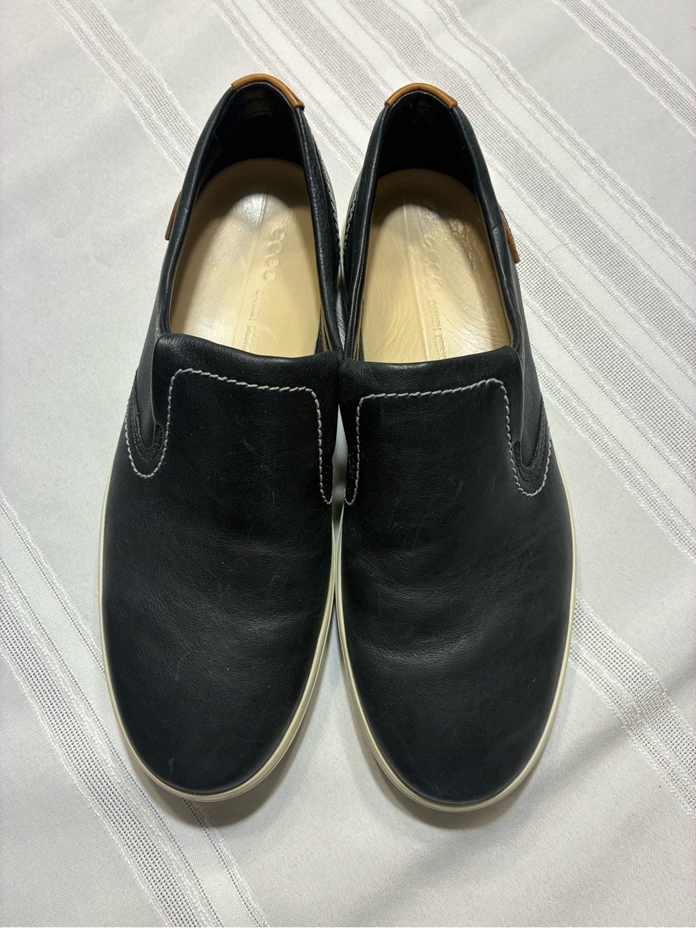 Ecco Black Leather Slip-On Loafers with White Sole